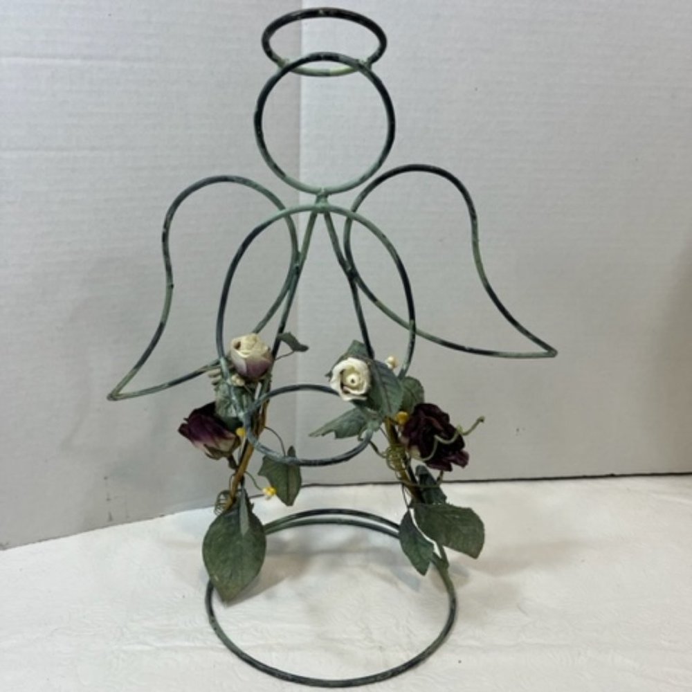 Metal Christmas Angel Purple Roses Candle Holder Green Painted Finish 14"